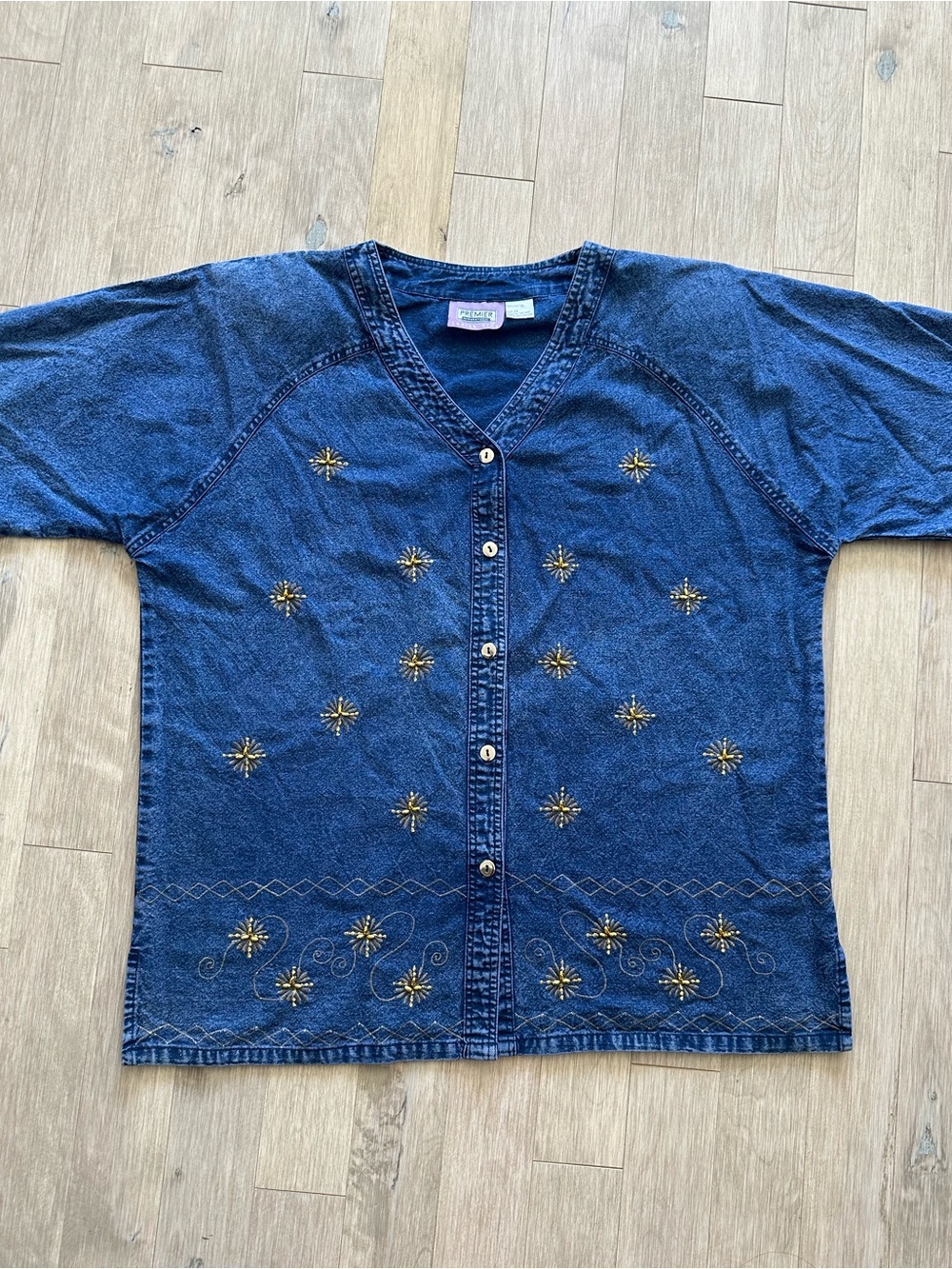 Vintage Premier Blue Denim Button-Front Shirt with Gold Star Embroidery Size 2X